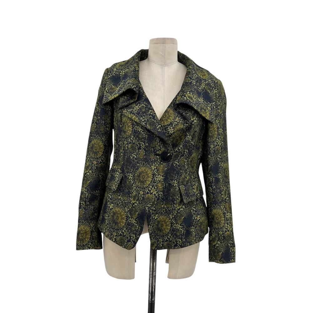 Lafayette 148 New York Navy Blue Green Jacquard Single Button Blazer Size 6
